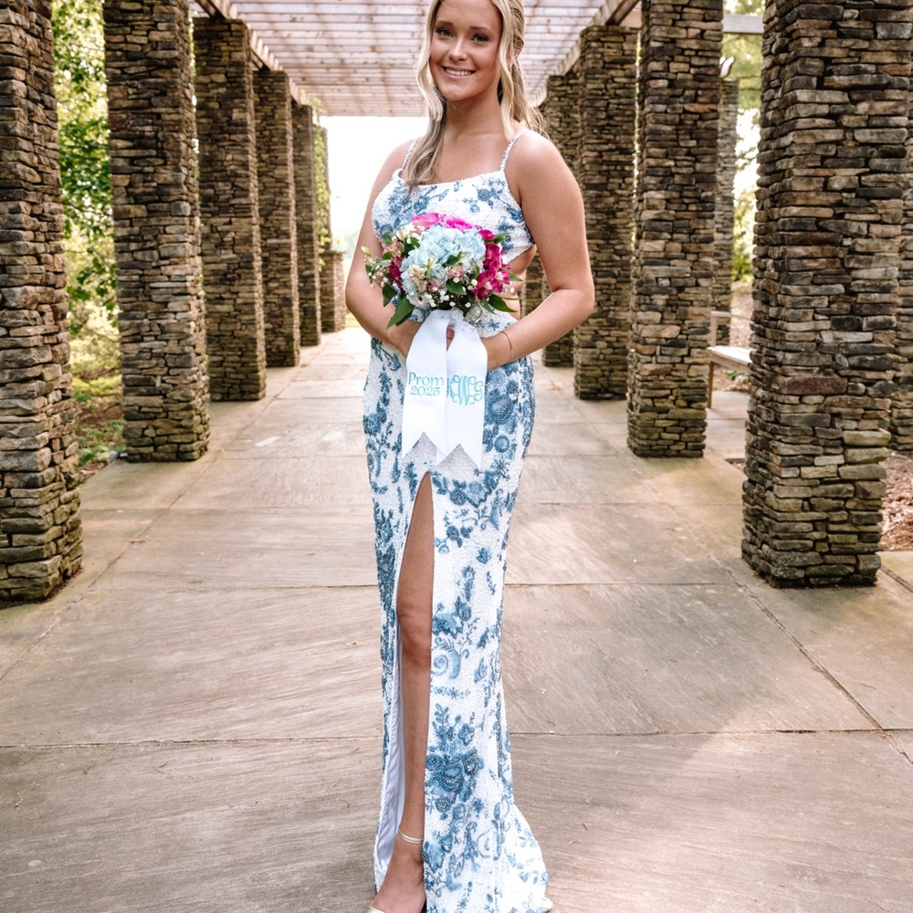 Elegant Blue and White Floral Gown